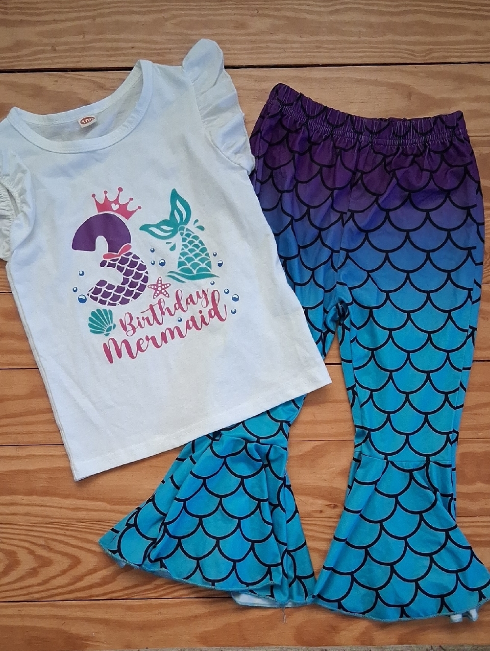 Birthday Mermaid Girls White Tee & Blue Purple Mermaid Leggings Set